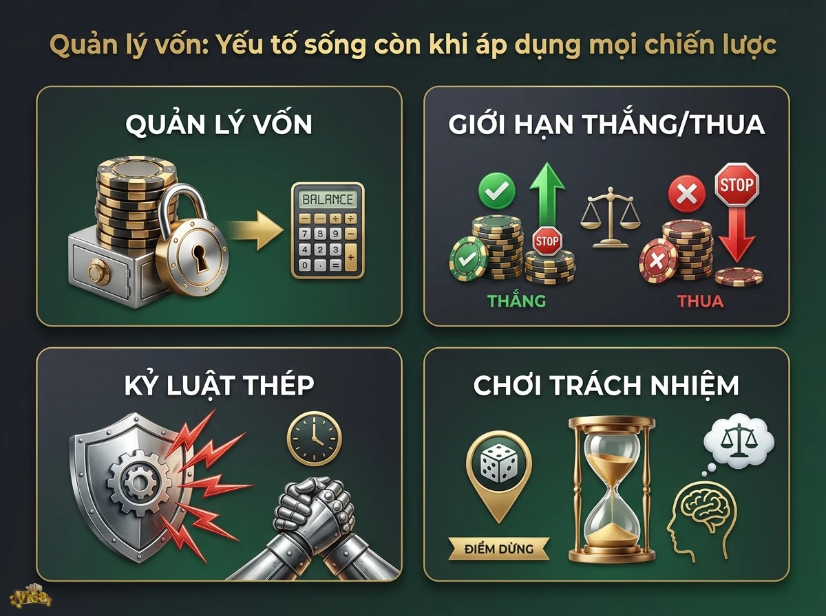 Quản l&yacute; vốn l&agrave; yếu tố sống c&ograve;n để chơi cờ bạc c&oacute; tr&aacute;ch nhiệm, minh họa qua chip poker v&agrave; biểu tượng dừng