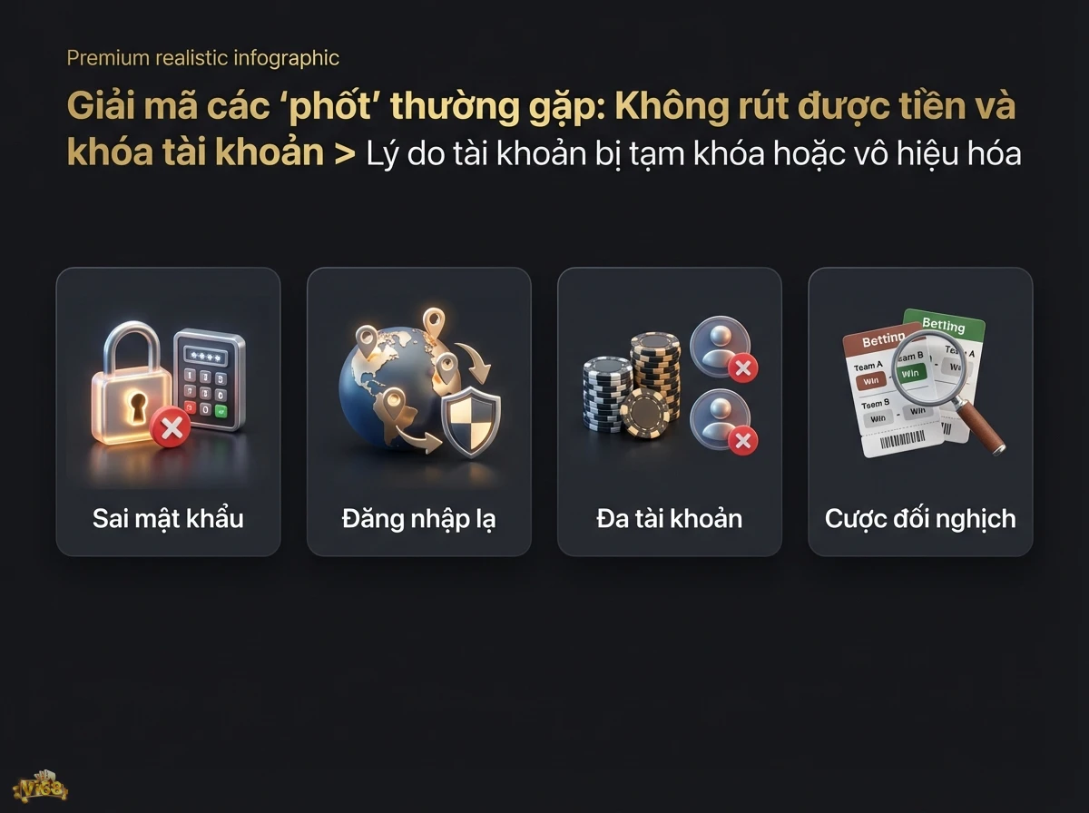L&yacute; do t&agrave;i khoản bị kh&oacute;a l&agrave;m r&otilde; những vi phạm phổ biến qua c&aacute;c biểu tượng kh&oacute;a bảo mật, chip poker v&agrave; k&iacute;nh l&uacute;p