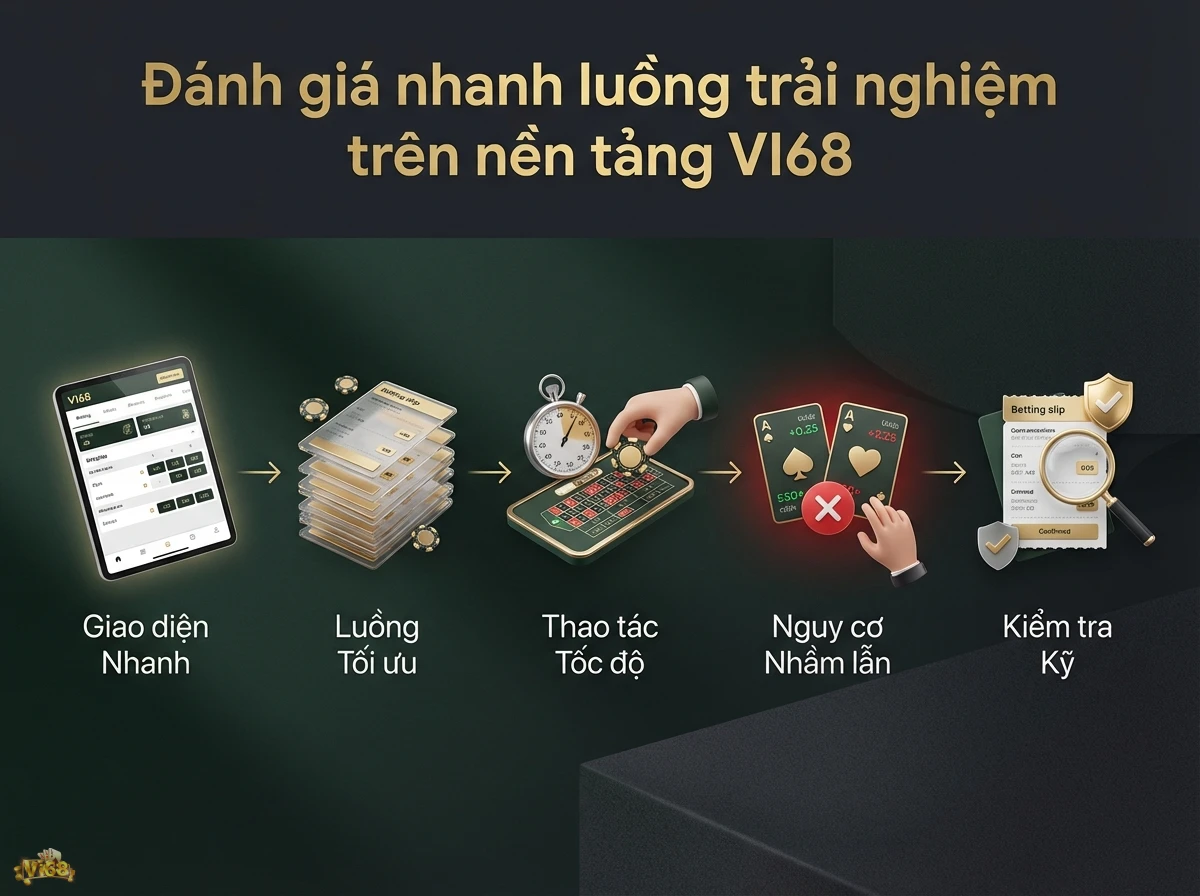 Luồng trải nghiệm đề cao tốc độ nhưng nhấn mạnh sự cẩn trọng v&agrave; kiểm tra kỹ phiếu cược, thể hiện qua giao diện ứng dụng v&agrave; k&iacute;nh l&uacute;p