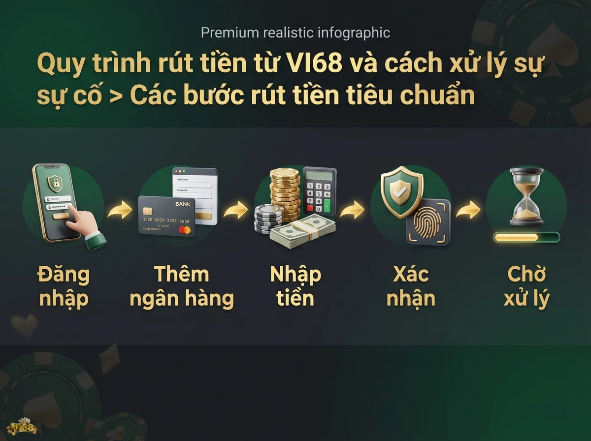 Quy trình rút tiền tiêu chuẩn thể hiện các bước từ đăng nhập đến hoàn tất giao dịch qua biểu tượng điện thoại và đồng hồ cát