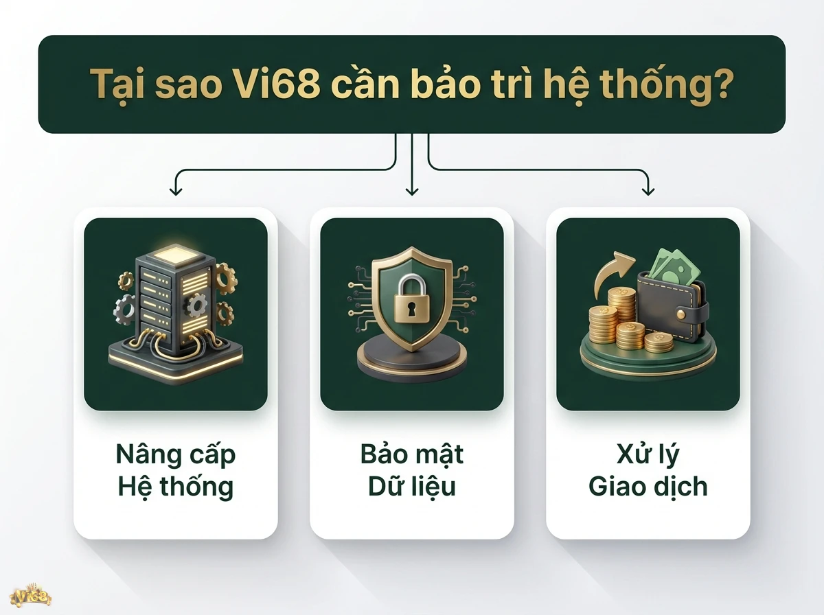 L&yacute; do bảo tr&igrave; hệ thống Vi68 nhằm đảm bảo trải nghiệm người d&ugrave;ng ổn định v&agrave; an to&agrave;n, với h&igrave;nh ảnh m&aacute;y chủ, khi&ecirc;n bảo mật v&agrave; v&iacute; tiền