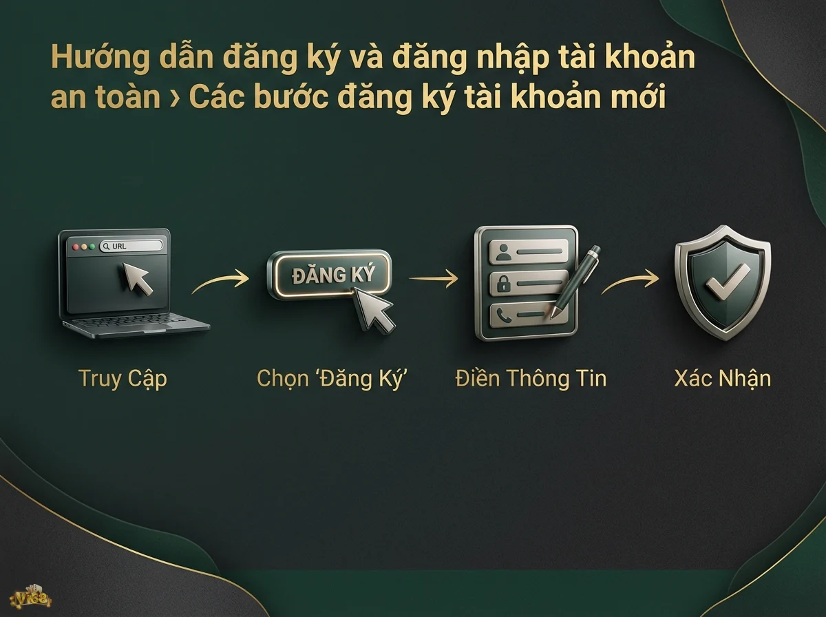 C&aacute;c bước đăng k&yacute; t&agrave;i khoản r&otilde; r&agrave;ng, gi&uacute;p người d&ugrave;ng dễ d&agrave;ng tạo t&agrave;i khoản mới, thể hiện bằng n&uacute;t Đăng K&yacute; v&agrave; biểu tượng l&aacute; chắn