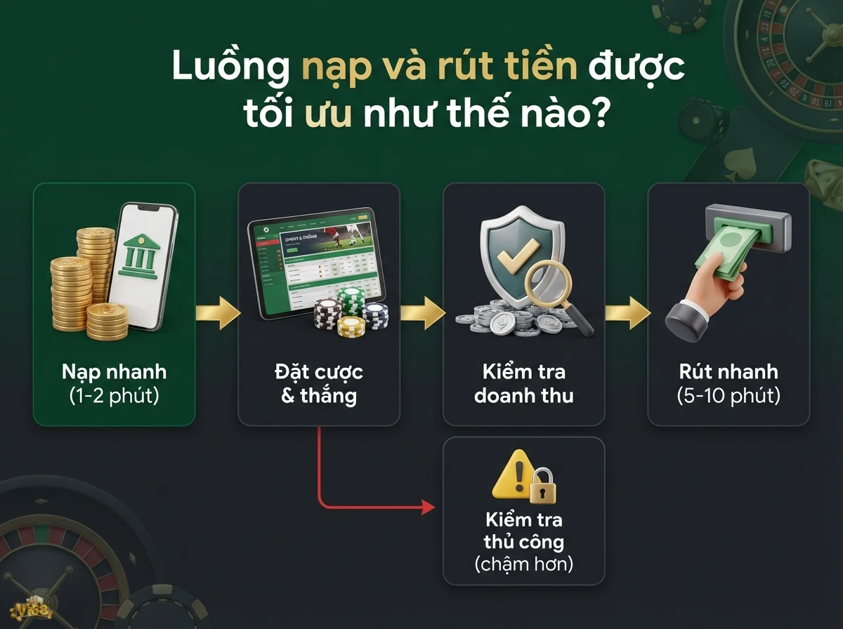 Luồng nạp v&agrave; r&uacute;t tiền thể hiện c&aacute;c bước giao dịch được tối ưu, k&egrave;m quy tr&igrave;nh kiểm tra x&aacute;c minh với h&igrave;nh ảnh đồng xu v&agrave; biểu tượng bảo mật