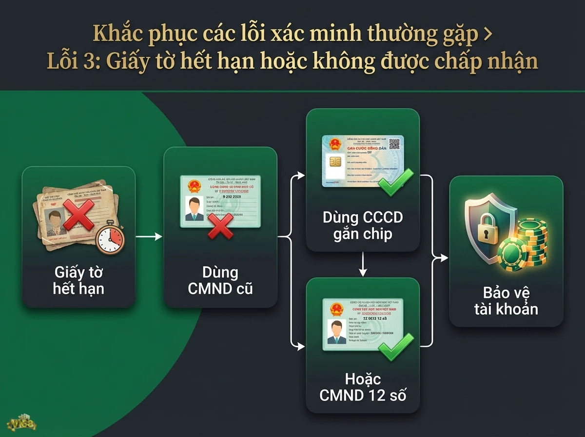Khắc phục lỗi x&aacute;c minh giấy tờ để bảo vệ t&agrave;i khoản, hướng dẫn d&ugrave;ng loại căn cước c&ocirc;ng d&acirc;n hợp lệ, minh họa bằng thẻ ID v&agrave; biểu tượng khi&ecirc;n bảo vệ