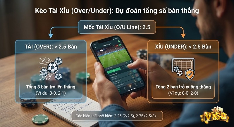 Giải thích kèo Tài Xỉu (Over/Under) bóng đá, chỉ rõ cách phân biệt Tài và Xỉu với mốc cược 2.5 bàn thắng