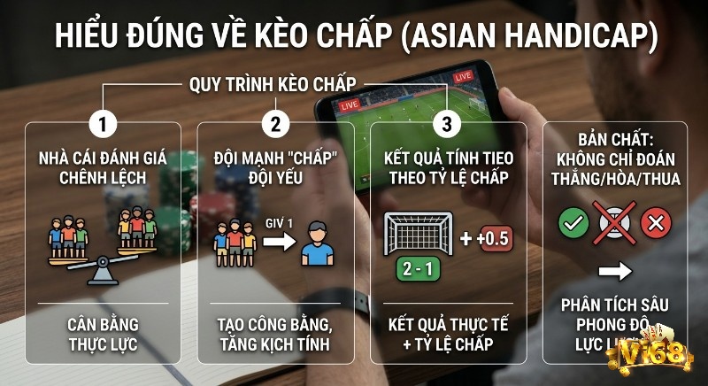 Quy trình 3 bước và bản chất kèo chấp là gì Asian Handicap, cách nhà cái đánh giá, tính kết quả theo tỷ lệ chấp và phân tích sâu phong độ, lực lượng