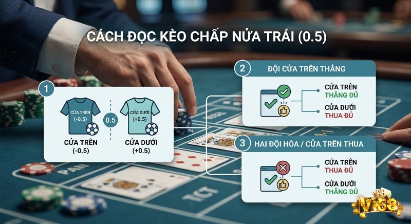 Bảng phân tích kèo chấp là gì 0.5 châu Á, chỉ rõ cách đọc và 3 kịch bản thắng đủ thua đủ tiền cược