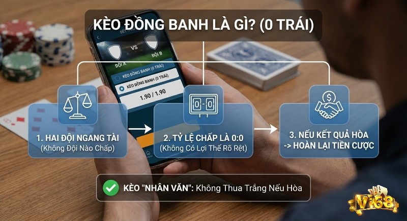Quy trình 3 bước giải thích kèo đồng banh là gì (kèo 0 trái) chi tiết: xác định đội ngang tài, tỷ lệ chấp 0:0 và hoàn tiền cược khi hòa