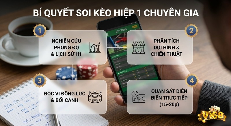 Quy trình 4 bước soi kèo hiệp 1 là gì, chuẩn chuyên gia: nghiên cứu phong độ, phân tích đội hình, đọc vị động lực và quan sát live 15-20p