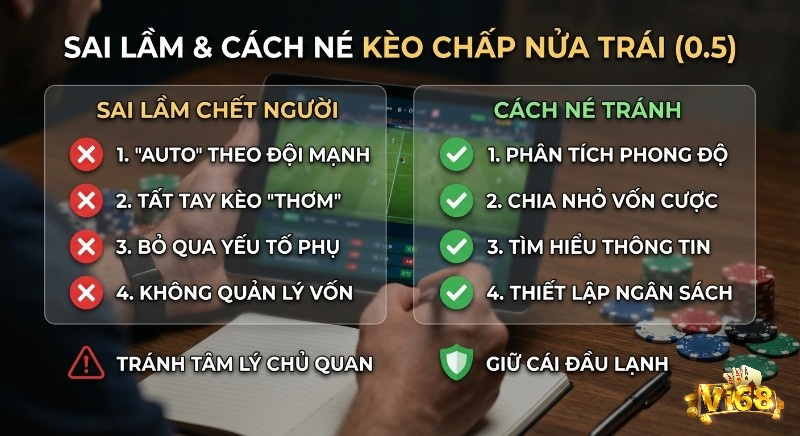 Checklist Sai lầm, cách né kèo chấp nửa trái, hướng dẫn quản lý vốn, phân tích phong độ, và giữ cái đầu lạnh