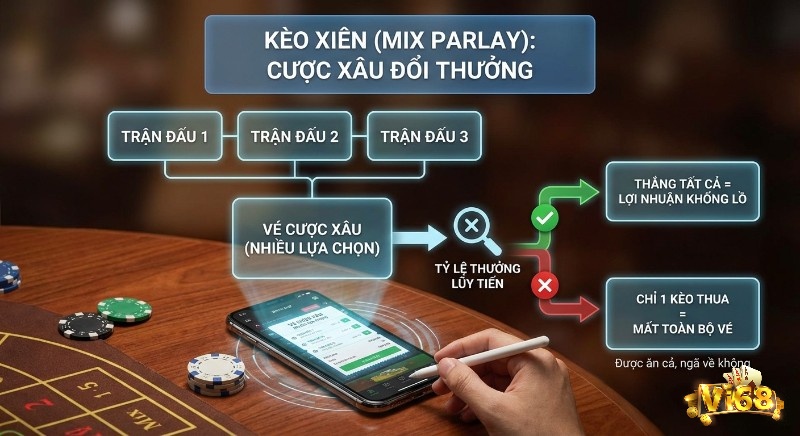 Sơ đồ cơ chế kèo xiên là gì (Mix Parlay) cho thấy cược xâu từ nhiều trận đấu, nhấn mạnh tiềm năng lợi nhuận khổng lồ và rủi ro mất toàn bộ vé