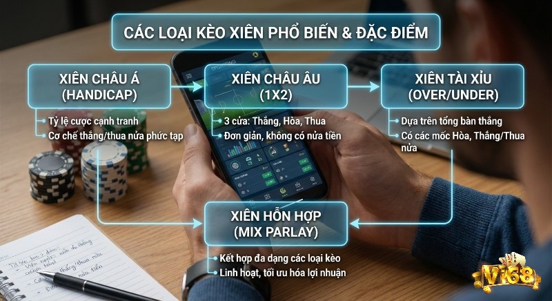 Sơ đồ so sánh các loại kèo xiên là gì phổ biến gồm Châu Á, Châu Âu, Tài Xỉu, hỗn hợp cùng đặc điểm để chọn kèo hiệu quả