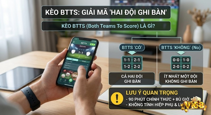 Sơ đồ giải thích kèo BTTS Hai đội ghi bàn, minh họa rõ ràng lựa chọn Có/Không với các tỷ số và lưu ý thời gian tính trong kèo BTTS là gì