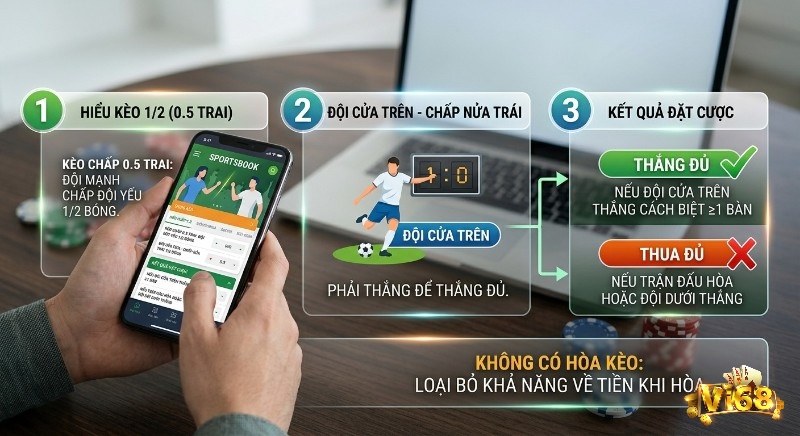 Hướng dẫn chi tiết về kèo chấp 1/2 là gì, quy tắc đội cửa trên thắng đủ nếu cách biệt 1 bàn và không có hòa kèo