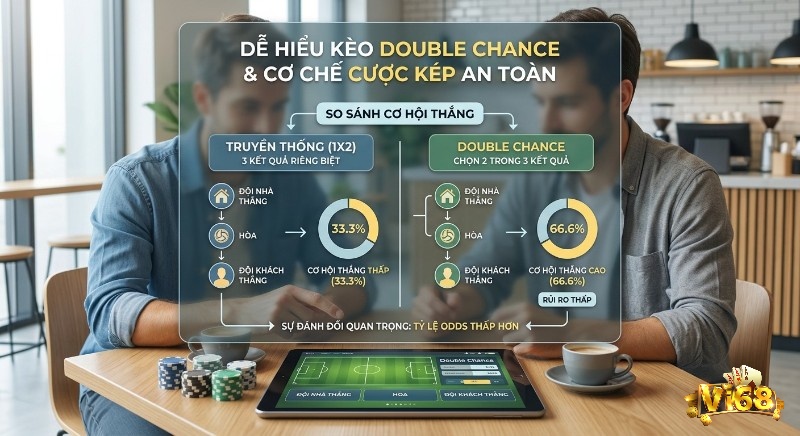 Bảng so sánh kèo double chance là gì, với kèo 1X2 truyền thống, giúp làm rõ cơ chế cược hai cửa và cách giảm thiểu rủi ro cho người chơi.