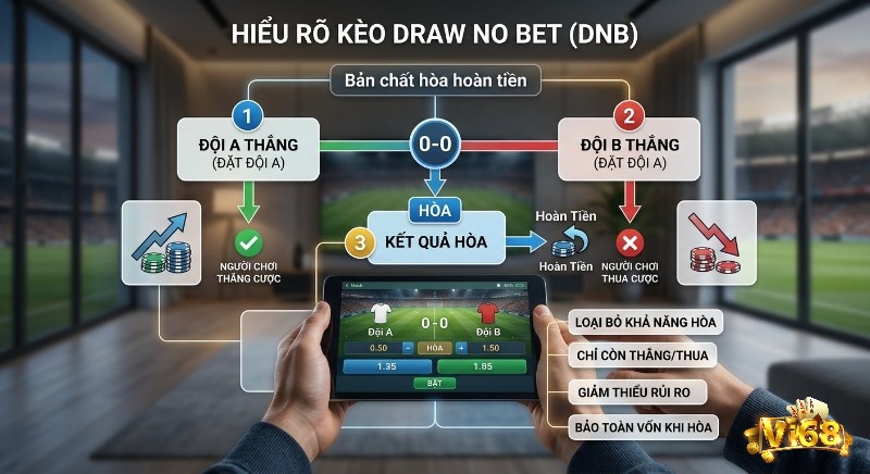 Sơ đồ giải thích kèo draw no bet là gì (DNB) chi tiết các kịch bản thắng, thua, hòa hoàn tiền, giúp giảm thiểu rủi ro