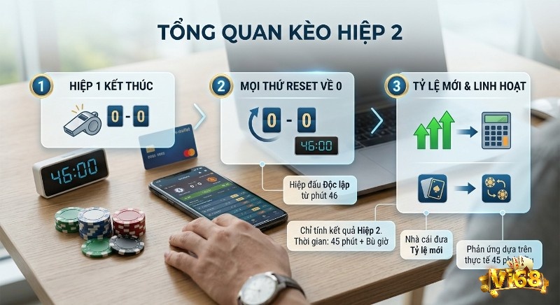 Tổng quan quy trình đặt kèo hiệp 2 là gì, minh họa kết thúc hiệp 1, mọi thứ reset về 0 từ phút 46 với tỷ lệ mới linh hoạt