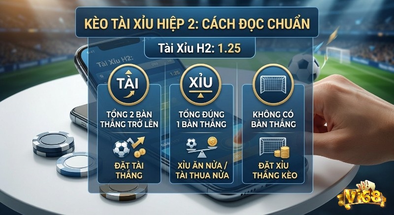 Bảng hướng dẫn cách đọc kèo Tài Xỉu hiệp 2: 1.25, giải thích các trường hợp đặt Tài thắng khi 2+ bàn và Xỉu thắng khi 0-1 bàn