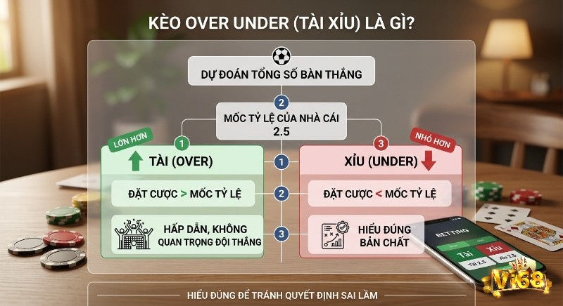 Sơ đồ giải thích kèo over under là gì (Tài Xỉu) chi tiết, chỉ rõ cách đặt cược Tài hoặc Xỉu dựa trên tổng số bàn thắng, giúp bạn hiểu đúng để tránh mất tiền oan