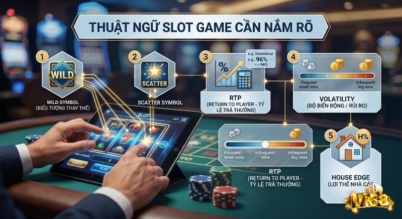 Giải thích 5 thuật ngữ Slot game thiết yếu: Wild, Scatter, RTP (96%), Volatility và House Edge để tối ưu cược
