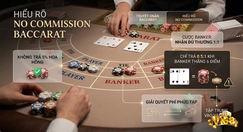 Tổng quan No Commission Baccarat: loại bỏ 5% hoa hồng Banker, nhưng chỉ trả 0.5:1 nếu cửa này thắng 6 điểm, giúp tập trung vào ván bài