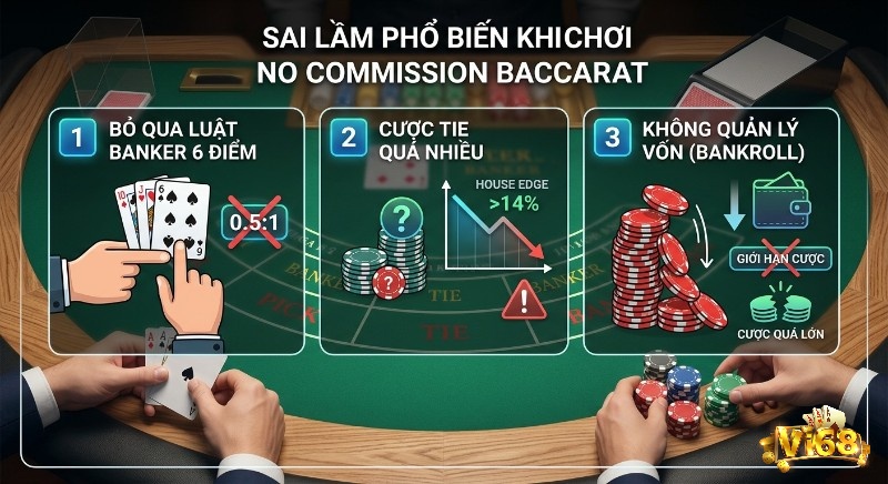 Checklist 3 sai lầm phổ biến khi chơi No Commission Baccarat là gì : bỏ qua luật Banker 6 điểm (0.5:1), cược Tie house edge >14%, và không quản lý bankroll