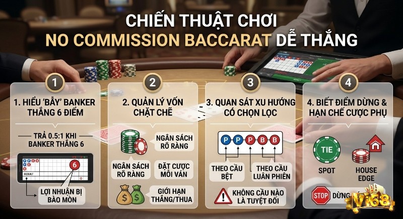 Hướng dẫn chi tiết 4 chiến thuật chơi No Commission Baccarat là gì&nbsp; dễ thắng: Hiểu bẫy Banker 6 điểm, quản lý vốn, soi cầu, hạn chế cược phụ