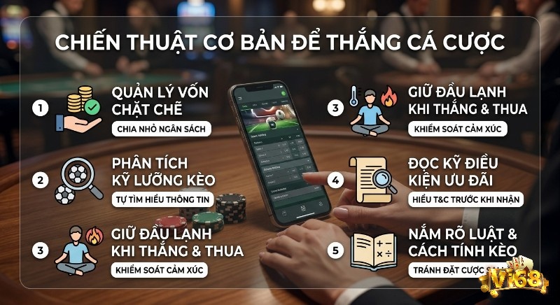 5 chiến thuật thắng cá cược: quản lý vốn, phân tích kèo, kiểm soát cảm xúc, hiểu ưu đãi và nắm rõ luật chơi