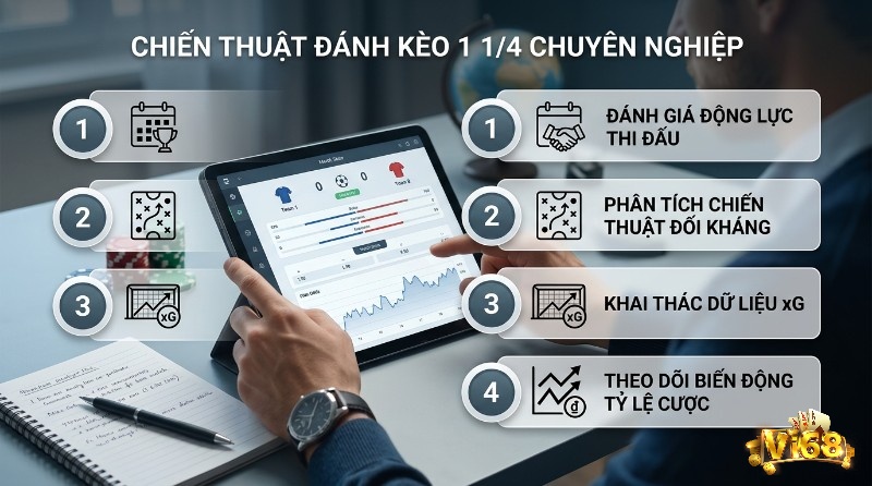 Chiến thuật đánh kèo 1 1/4 chuyên nghiệp tối ưu lợi nhuận bằng cách phân tích động lực, chiến thuật, xG và biến động tỷ lệ cược trên máy tính bảng
