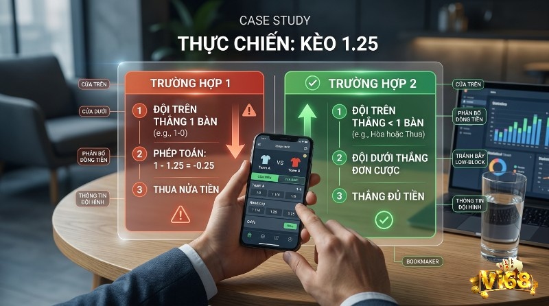 Case study thực chiến kèo 1.25, phân tích cách tính tiền, thua nửa khi đội trên thắng 1 bàn (1-0) và thắng đủ khi hòa/thua trong kèo chấp 1 1/4 là gì