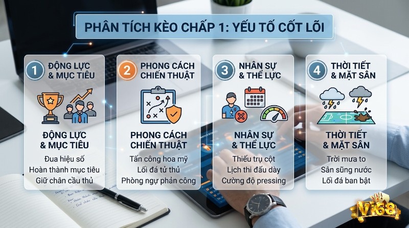 Phân tích kèo chấp 1 dựa trên các yếu tố cốt lõi: động lực, phong cách chiến thuật, nhân sự, thể lực, thời tiết và mặt sân