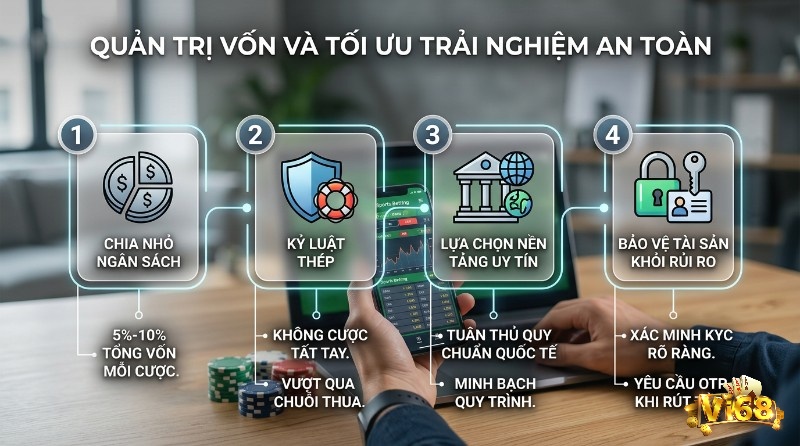 Quản trị vốn và tối ưu trải nghiệm an toàn bằng cách chia nhỏ ngân sách 5-10%, kỷ luật thép, chọn nền tảng uy tín, bảo vệ tài sản với KYC, OTP
