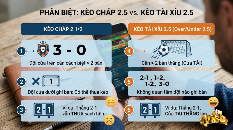 Phân biệt, kèo chấp 2 1/2 là gì, và Tài Xỉu 2.5. Kèo chấp cần đội trên thắng cách biệt >2 bàn (3-0), 2-1 vẫn thua. Kèo Tài Xỉu cần >2 bàn (2-1, 3-0), 2-1 thắng lớn