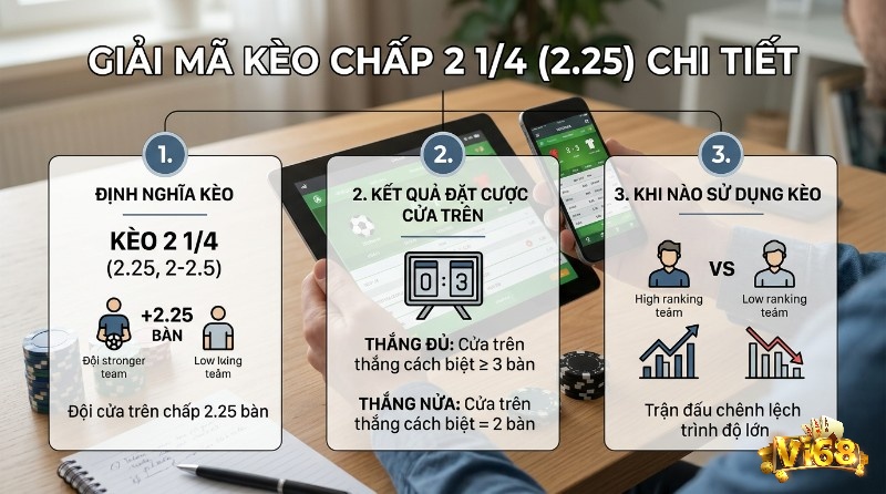 Giải mã kèo chấp 2 1/4 là gì(2.25): đội mạnh chấp 2.25 bàn, thắng đủ ≥ 3 bàn, thắng nửa = 2 bàn, áp dụng cho trận đấu chênh lệch lớn.
