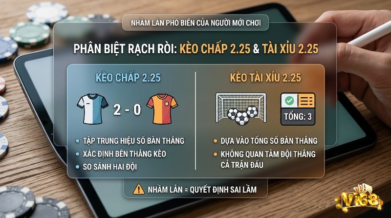 Phân biệt kèo chấp 2 1/4 là gì và kèo tài xỉu 2.25, kèo chấp dựa hiệu số bàn thắng (2-0), kèo tài xỉu dựa tổng số bàn thắng (tổng 3). Nhầm lẫn dẫn đến quyết định sai lầm