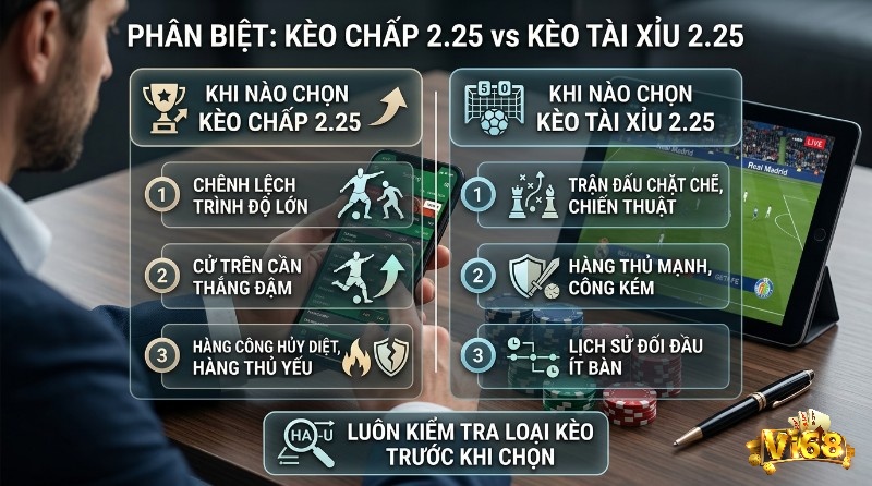 Phân biệt kèo chấp 2 1/4 là gì và tài xỉu 2.25, chọn kèo chấp khi chênh lệch lớn, đội trên thắng đậm; chọn tài xỉu khi trận đấu chặt chẽ, thủ mạnh