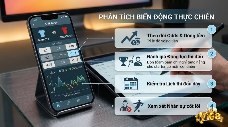 Phân tích biến động tỷ lệ kèo chấp 2 là gì thực chiến qua điện thoại hiển thị kèo chấp Man City vs Underdog, biểu đồ Odds, dòng tiền và 4 bước đánh giá động lực, lịch thi đấu, nhân sự