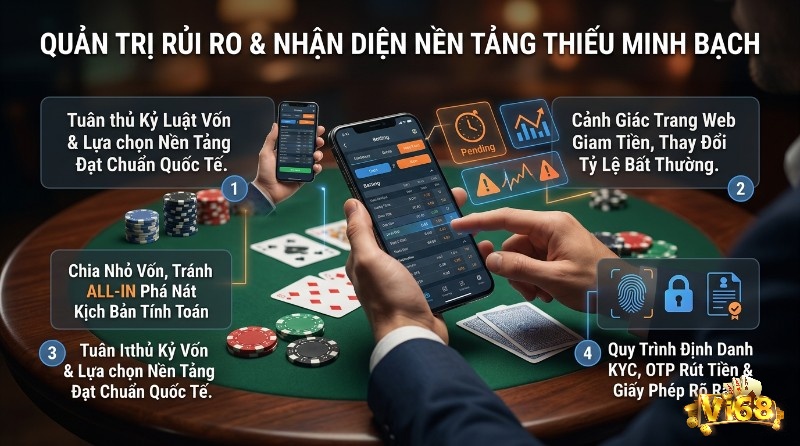 Quản trị rủi ro cá cược, nhận diện nền tảng thiếu minh bạch: điện thoại đặt cược, chip poker, kỷ luật vốn, KYC, OTP, giấy phép