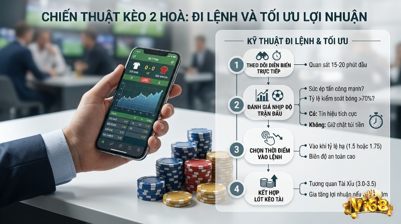 Chiến thuật kèo 2 hòa tối ưu lợi nhuận. Điện thoại cá cược hiển thị quy trình 4 bước: theo dõi, đánh giá, vào lệnh, kết hợp Tài Xỉu