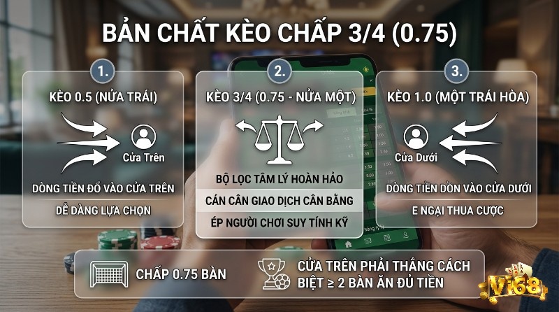 Bản chất kèo chấp 3/4 (0.75) là bộ lọc tâm lý cân bằng giao dịch, ép người chơi suy tính kỹ. Cửa trên phải thắng cách biệt 2 bàn để ăn đủ tiền trong kèo chấp 3/4 là gì