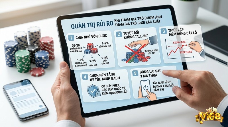 Quản trị rủi ro gồm 5 yếu tố: chia nhỏ vốn, không all-in, đặt stop-loss, chọn nền tảng uy tín và dừng lại khi thua 3 mã liên tiếp