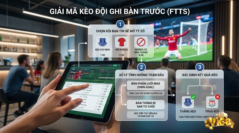 Giải mã kèo đội ghi bàn trước là gì (FTTS) với sơ đồ 3 bước: chọn đội, xử lý tình huống bàn phản lưới nhà/VAR, xác định kết quả thắng/thua kèo