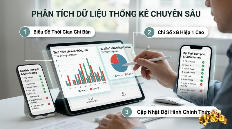 Phân tích dữ liệu thống kê chuyên sâu hiển thị biểu đồ thời gian ghi bàn/thủng lưới, chỉ số xG hiệp 1 và đội hình xuất phát, chấn thương trên tablet và điện thoại