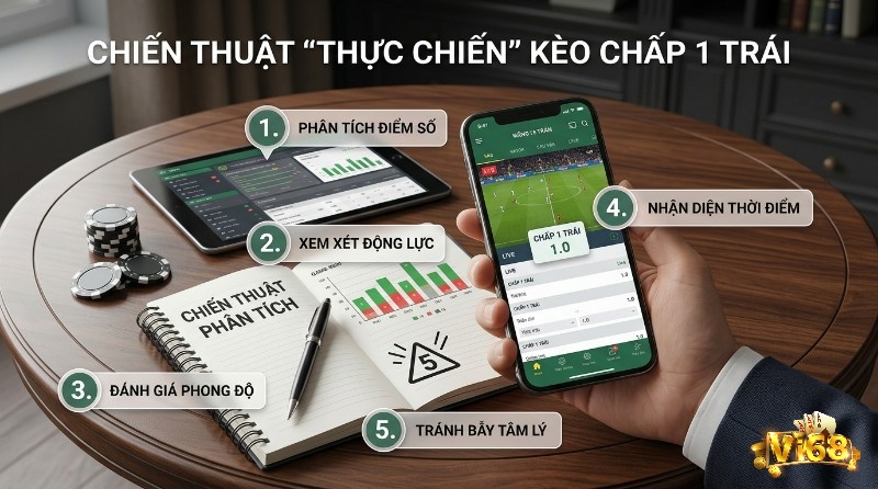 Chiến thuật kèo một trái là gì với điện thoại hiển thị kèo, máy tính bảng và sổ ghi chép phân tích điểm số, động lực, phong độ, thời điểm, tránh bẫy tâm lý