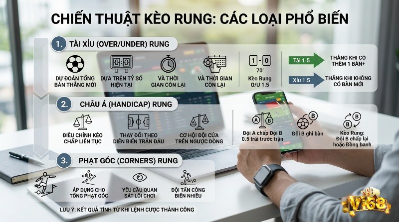 Chiến thuật kèo rung là gì phổ biến: Tài Xỉu (Over/Under) dựa tỷ số, thời gian còn lại; Châu Á (Handicap) điều chỉnh theo diễn biến; Phạt Góc (Corners) tổng phạt góc. Ví dụ Tài Xỉu 1.5 khi 1-0 phút 70, kèo chấp thay đổi