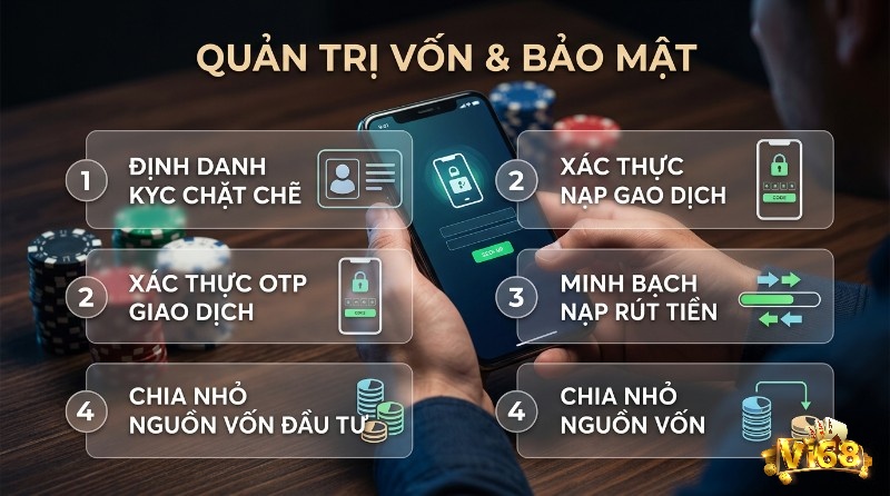 Quản trị vốn và bảo mật tài chính với quy trình KYC, xác thực OTP, minh bạch nạp rút và chia nhỏ vốn đầu tư trên điện thoại
