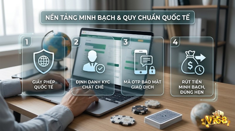 Nền tảng minh bạch, và quy chuẩn quốc tế với 4 bước: giấy phép quốc tế, định danh KYC chặt chẽ, mã OTP bảo mật giao dịch, rút tiền minh bạch đúng hẹn