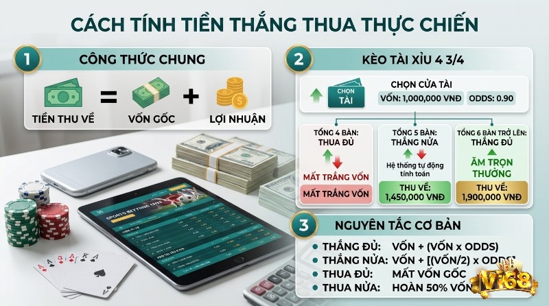 Tính tiền thắng thua thực chiến&nbsp;kèo tài xỉu 4 3/4 là gì&nbsp;với vốn 1 triệu, odds 0.90