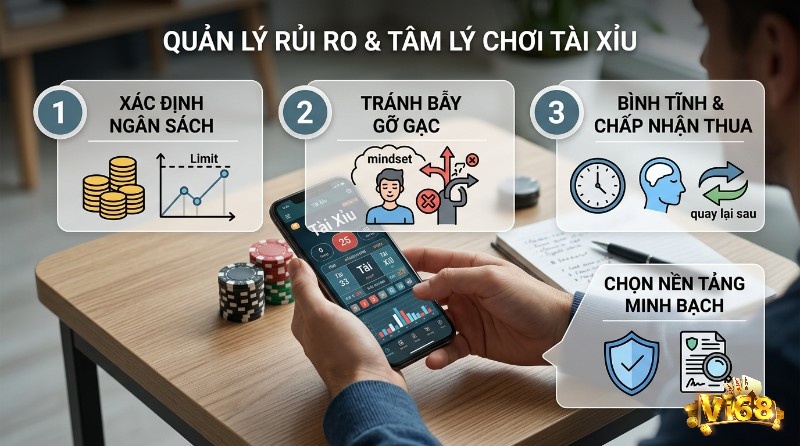 Quản lý rủi ro và tâm lý chơi kèo tài xỉu là gì : xác định ngân sách, tránh bẫy gỡ gạc, bình tĩnh chấp nhận thua. Người chơi đang dùng điện thoại hiển thị game Tài Xỉu
