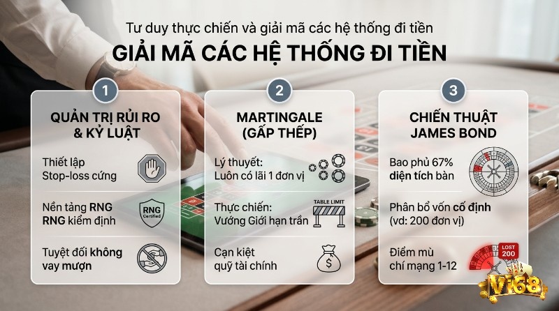 Chiến lược quản lý cược gồm Martingale, James Bond kết hợp stop-loss và giới hạn vốn, nhưng vẫn cần lưu ý yếu tố RNG và các vùng xác suất dễ gây sai lệch kỳ vọng